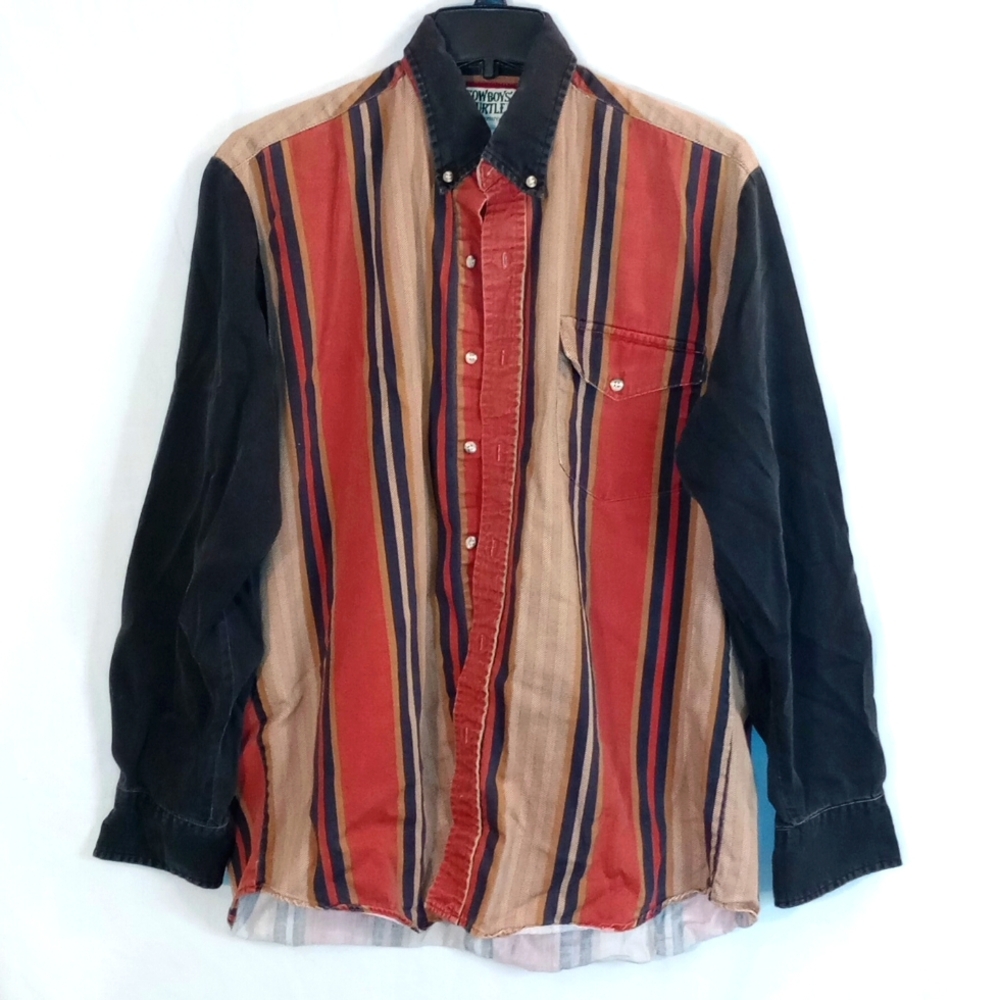 Vintage Cowboy Turtles Association 90's Striped Button Up Down Shirt Size Medium